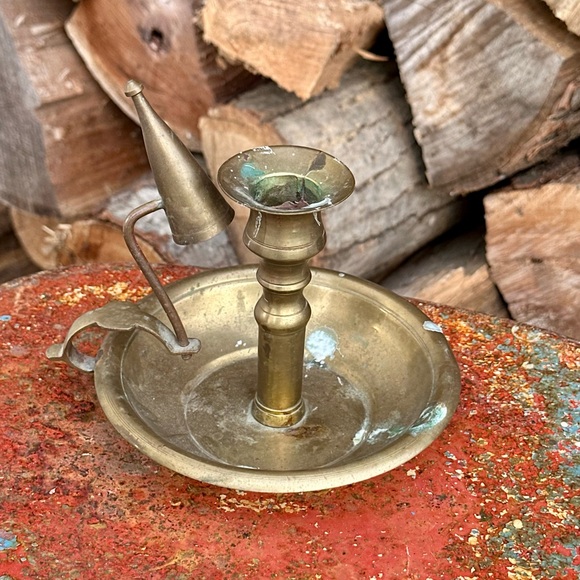 Antique Rustic Brass Chamberstick Candle Holder withSnuffer